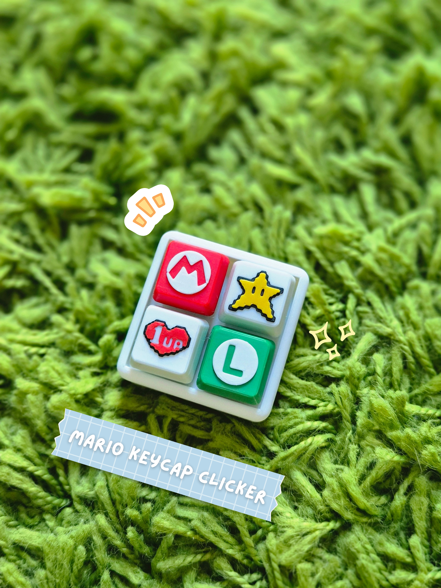 Mario-themed fidget clicker keychain with colorful keycap and metal clip, designed for stress relief and portable fun by Masa Crafts Studio.