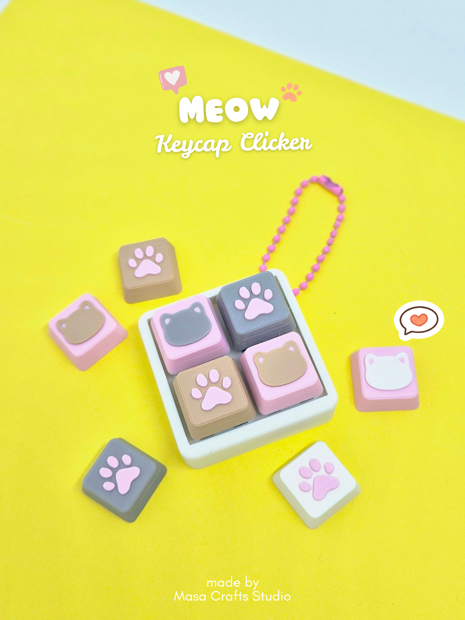 Masa Crafts Studio Meow Keycap Clicker keychain, a fidget clicker with a cute cat-shaped design, perfect for stress relief.